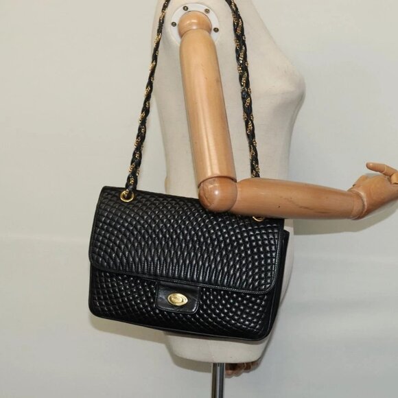 BALLY Quilted Chain Shoulder Bag Leather Black Gold Auth kk478 - Picture 15 of 16
